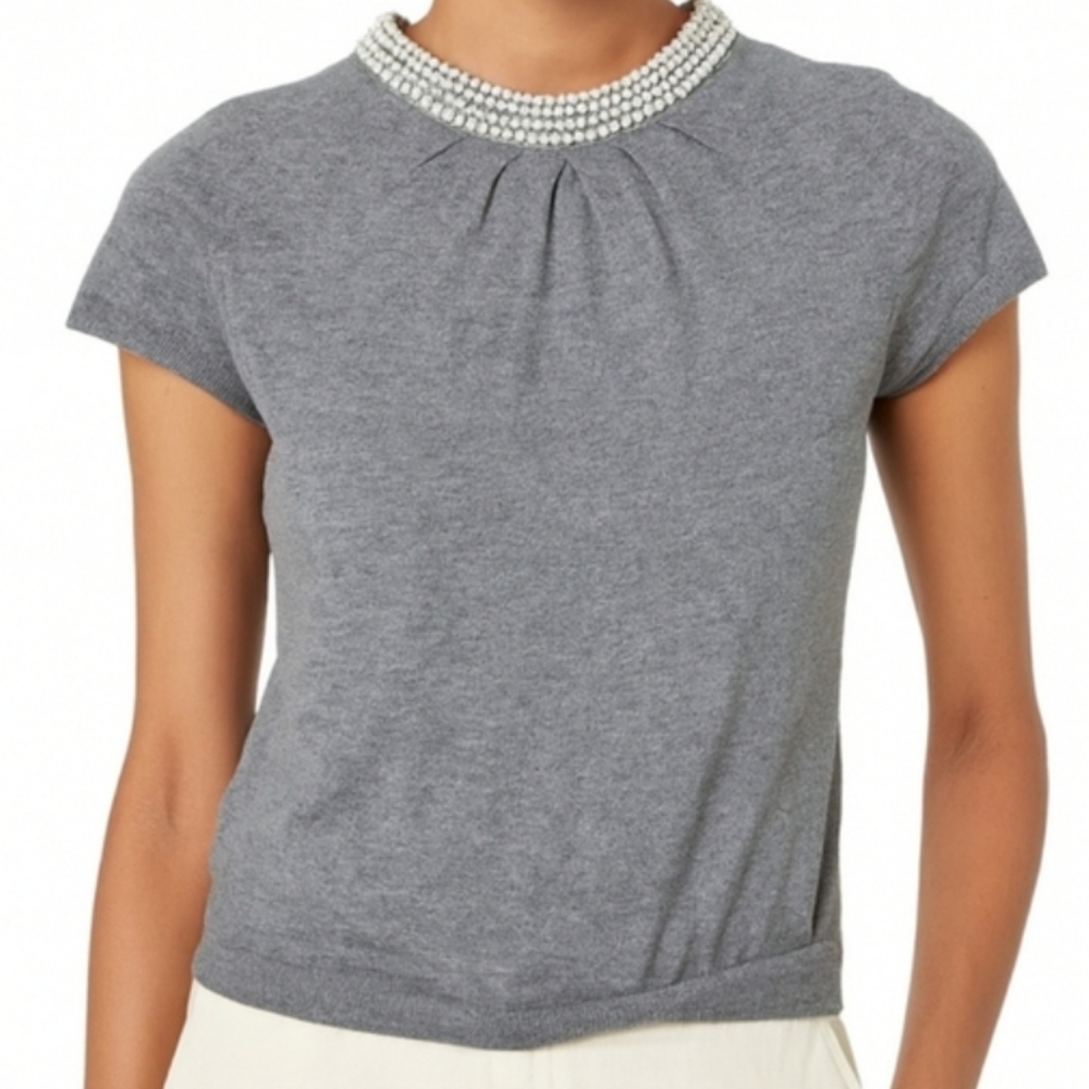 Ann Taylor Extra Fine Merino Wool Pearl Statement Neck Short Sleeve Sweater